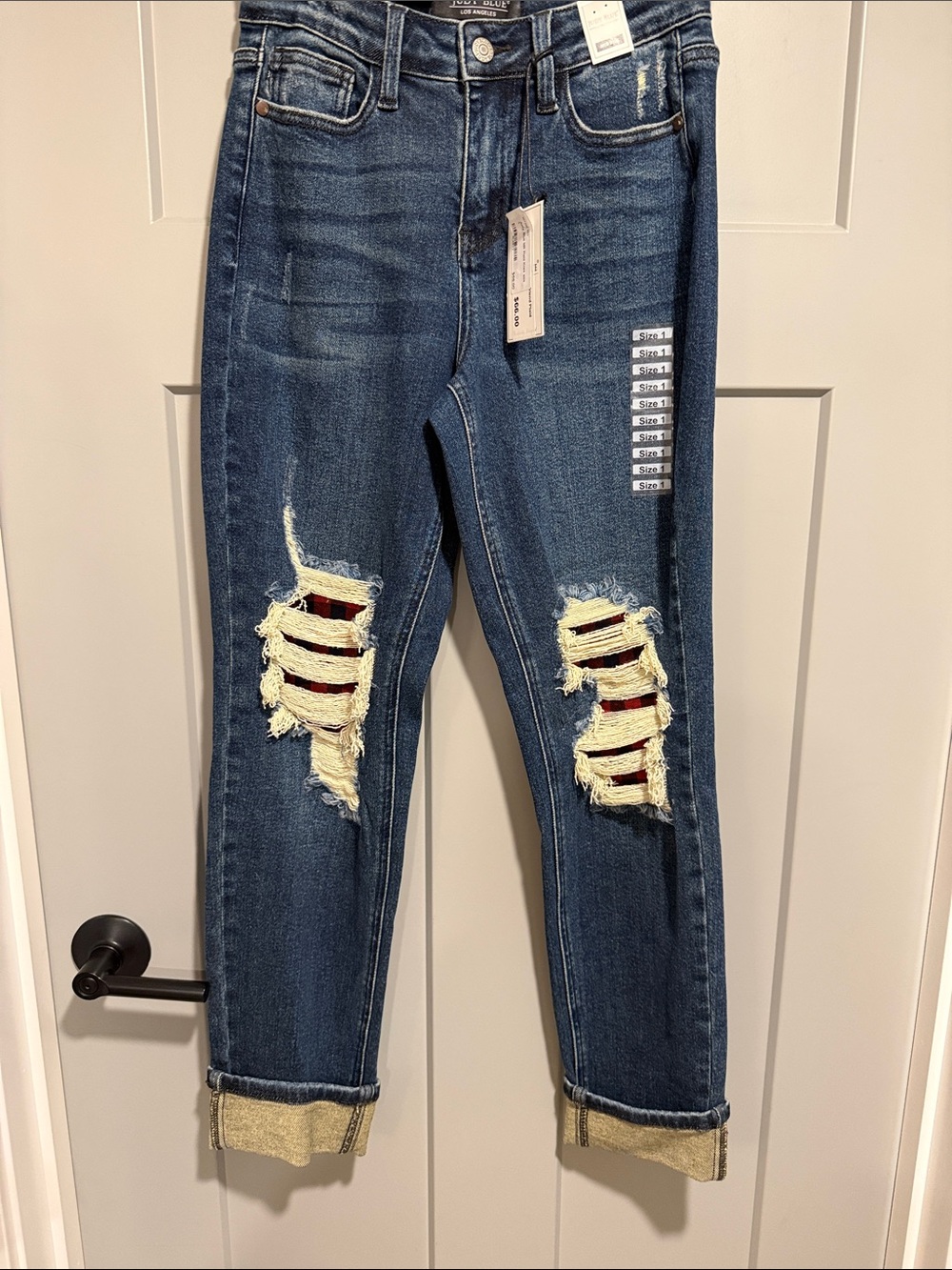 Dark Blue Distressed Women's Jeans with Red Underlay